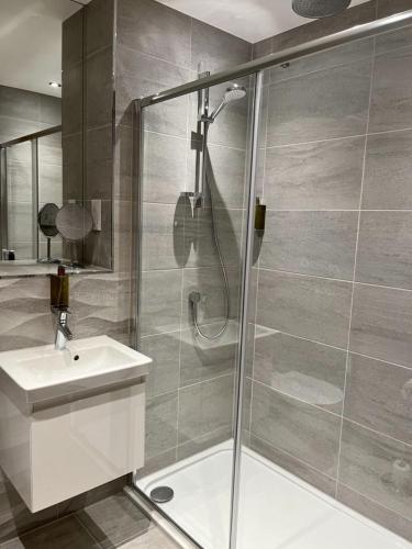 a bathroom with a shower with a sink and a toilet at Royal Gardens Apartment 19 in Dornoch