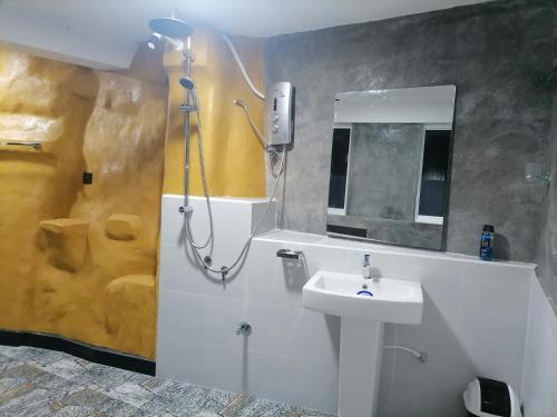 a bathroom with a shower and a sink at Roo Heaven Villas in Haputale