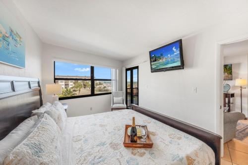 a living room with a couch and a tv at Pleasant condo with spectacular views, pools and spas in Marco Island