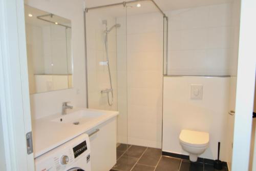 Un baño con ducha, lavabo e inodoro. en Beautiful 1-BR w a balcony by Odense Harbour - 121, en Odense