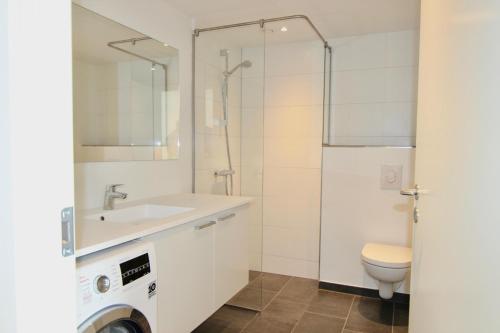 un baño con lavabo e inodoro en Beautiful 2-BR w a balcony by Odense Harbour - 125, en Odense