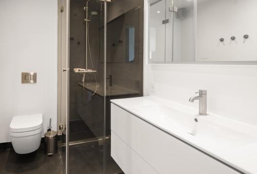 ein Badezimmer mit Toilette, Waschbecken und Dusche in der Unterkunft Beautful 2-BR in DGBN Silver property - 315 in Hunderup