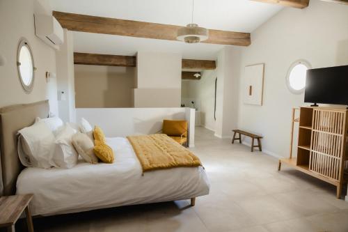 a bedroom with a bed and a television in it at La Bastide de Monique - Maison d'hôtes en Provence in Flassans-sur-Issole