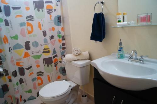 a bathroom with a toilet and a sink and a shower curtain at MV Suites in Monterrey