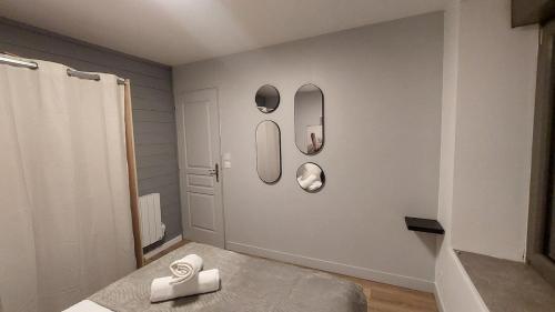 a room with two mirrors and a bed in it at Appartement MVM Jacuzzi proche Saint-Malo in Plouër-sur-Rance