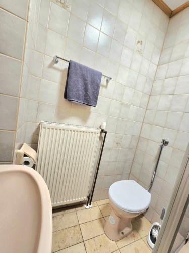 a bathroom with a toilet and a sink and a towel at Ferienwohnung an der Altmühl - Apartment Gerda in Pappenheim