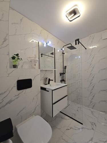 a white bathroom with a toilet and a shower at Apartament de Vacanță Straja in Lupeni