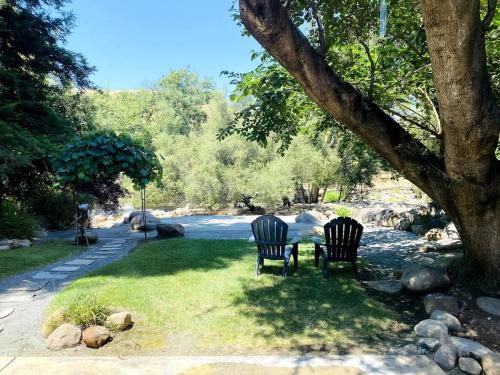 two chairs sitting in the grass under a tree at Sequoia Cabin by the River in Three Rivers