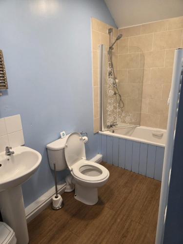 a bathroom with a toilet and a sink and a shower at Kings Head Hotel in Kirkbymoorside