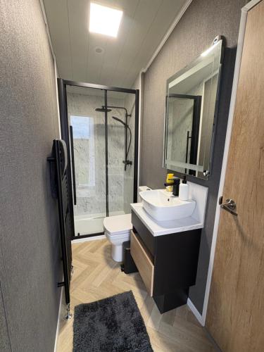 a bathroom with a sink and a toilet and a mirror at The paddocks in Wisbech