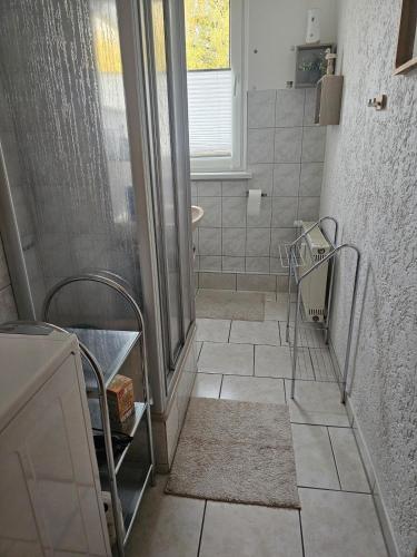 a bathroom with a shower and a tiled floor at Ferienwohnung Harzgefühl in Elbingerode