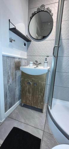 ein Badezimmer mit Waschbecken, Dusche und Spiegel in der Unterkunft Staszica Starówka in Olsztyn