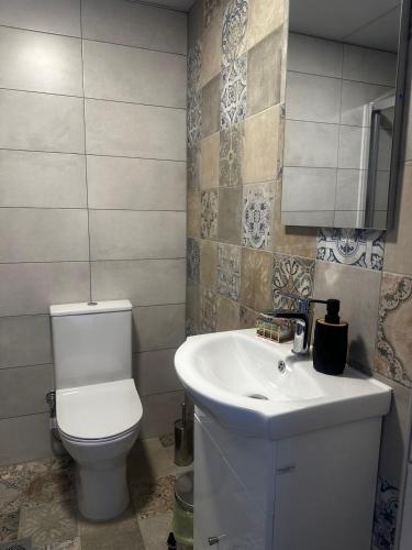 a bathroom with a white toilet and a sink at Letsios Steel2 in Kalabaka