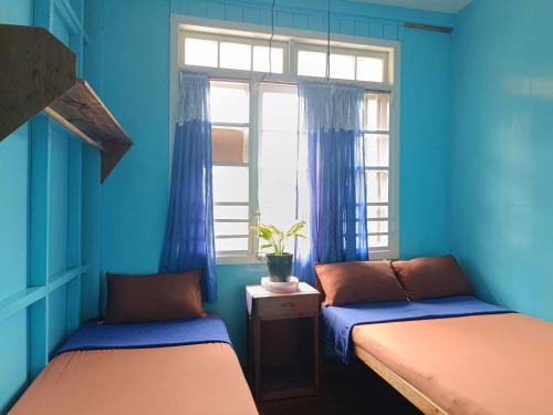 a blue room with two beds and a window at A-Seven House Sagada in Sagada