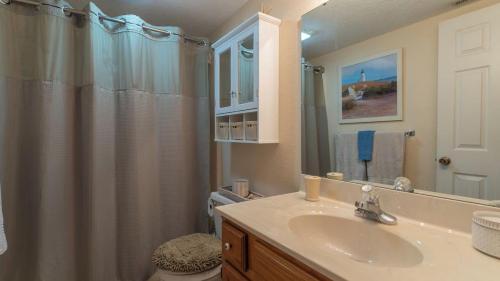 Un baño con lavabo y cortina de ducha. en Lakeview: Fireplace, Pool & Kid-Friendly Fun, en Damsel