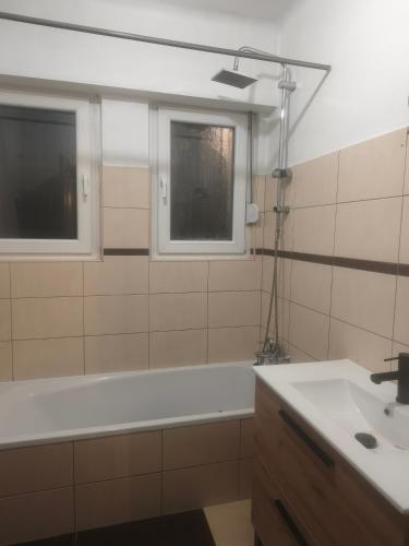 a bathroom with a tub and a sink and a window at S'heimet Hüüs in Colmar