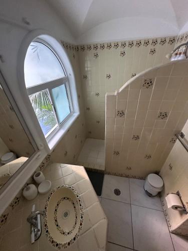 a bathroom with a shower with a window and a sink at Santorini, loft frente al mar in Manzanillo