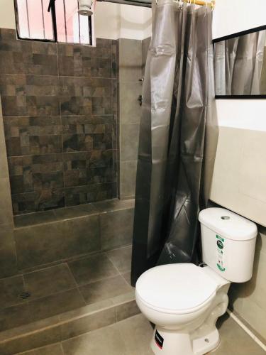 a bathroom with a toilet and a shower at Urban Colonial in Quito