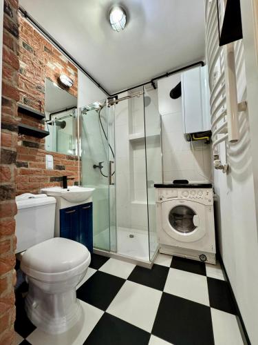 a bathroom with a toilet and a shower and a washing machine at LOFT Studio Wielicka in Krakow