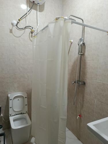 a bathroom with a shower with a toilet and a sink at Private home with short lets in Uyo