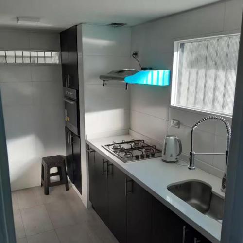 a small kitchen with a sink and a stove at Tongoy Bauhaus - Alojamiento hasta 12 personas in Tongoy