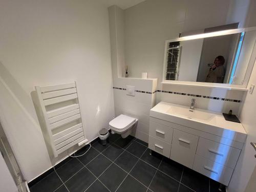 un uomo che scatta una foto di un bagno con lavandino e servizi igienici di Villa Residence Kersaliou a Roscoff