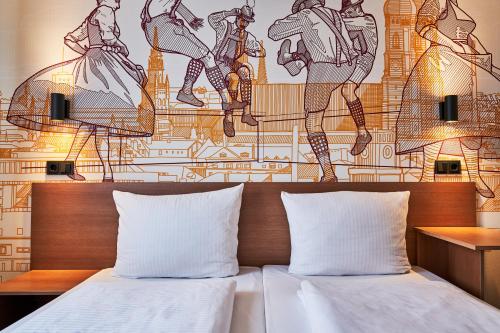 a bedroom with a bed and a wall with a mural at McDreams Hotel München - Messe in Feldkirchen