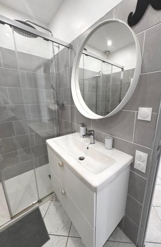 a bathroom with a sink and a mirror at Fabuleux Logement in Le Beausset