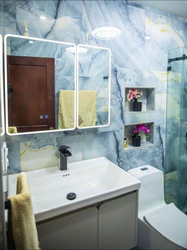 a bathroom with a sink and a mirror and a toilet at Elevate View Penthouse in Santo Domingo