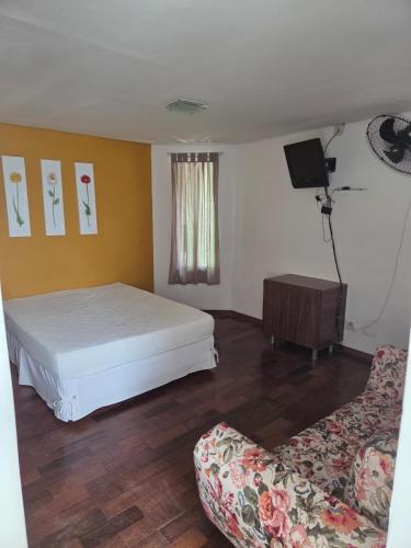 a bedroom with a bed and a tv and a couch at Suíte privativa em casa compartilhada in São Paulo
