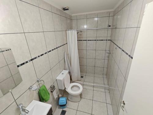 Un pequeño baño con inodoro y ducha. en Del Norte, en Playa Unión