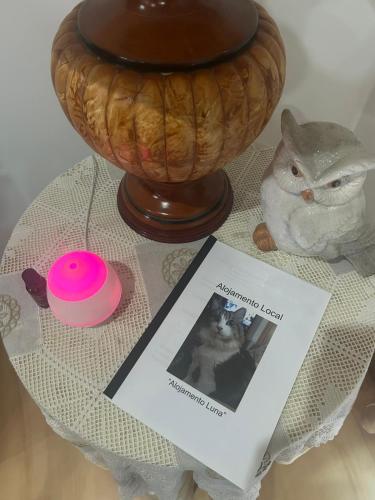 a table with a picture of a cat and a bowl at Alojamento Luna in Porto Judeu