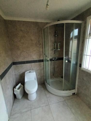 a bathroom with a toilet and a glass shower at Valpito Alegre in Valparaíso