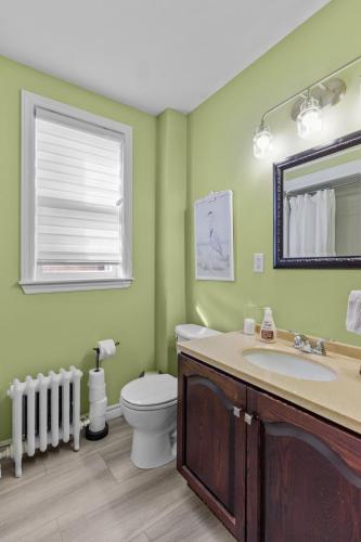 a bathroom with a toilet and a sink and a mirror at 1942 Boathouse Harbour Views 3 BD Parking in St. John's
