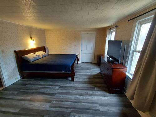 Home in Pulaski في Pulaski: غرفة نوم مع سرير وتلفزيون بشاشة مسطحة