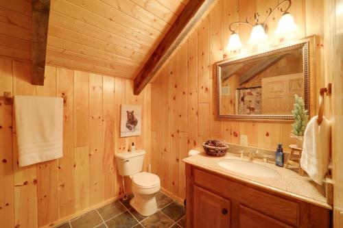 ein Badezimmer mit Toilette, Waschbecken und Spiegel in der Unterkunft Less Than 1 Mi to Linville Falls Family Gem with Game Room! in Linville Falls