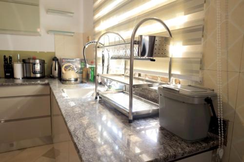 una cucina con bancone, lavandino e lavandino di Green Valley Palace a Buzzi