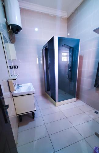 un bagno con doccia e lavandino di Sunabi Hotels and Apartments ad Abuja