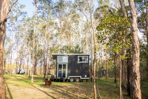 a tiny house in the middle of a forest at Hidden Camp's Loft House by Tiny Away in Kanighan