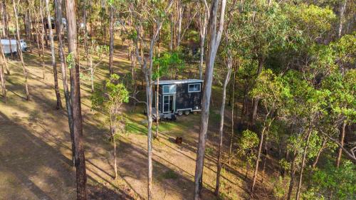een luchtzicht op een tent midden in een bos bij Hidden Camp's Loft House by Tiny Away in Kanighan