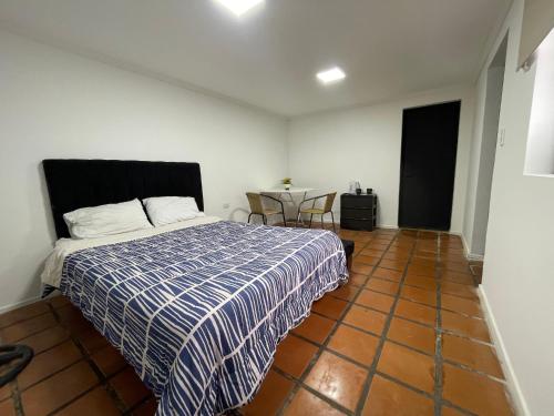 库里科Habitación doble con Jacuzzi的卧室里有一张床，床铺有蓝白相间的被子