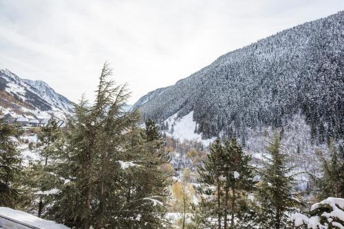una montaña cubierta de nieve con árboles en el primer plano en Apartamento con Encanto Baqueira 1500, en Naut Aran (Alto Arán)