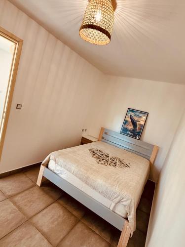 a bedroom with a bed and a chandelier at Cocon Romantique in La Saline les Bains