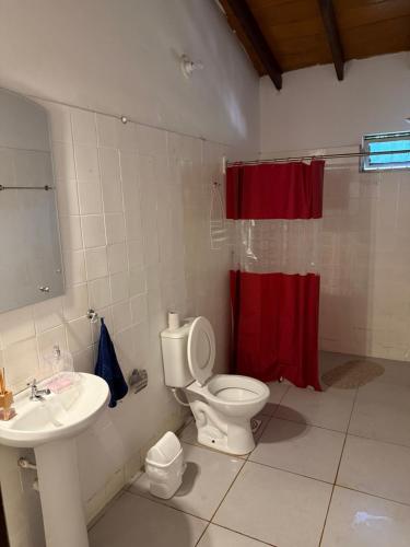 ein Badezimmer mit einem WC, einem Waschbecken und einem roten Duschvorhang in der Unterkunft Alojamiento en el centro de Siberia Group in Encarnación