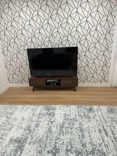a flat screen tv in a living room with a geometric wallpaper at The View - Direct Bus Time Square NYC Breakfast Included - C in Jersey City