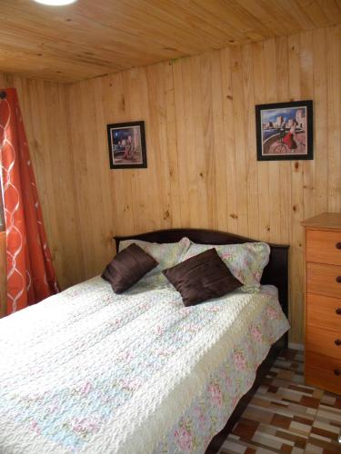 a bedroom with a bed and a wooden wall at Central 390 Isla Negra in Isla Negra