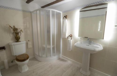 ein Badezimmer mit Dusche, Toilette und Waschbecken in der Unterkunft Casa rural Casa Leles in Lagata