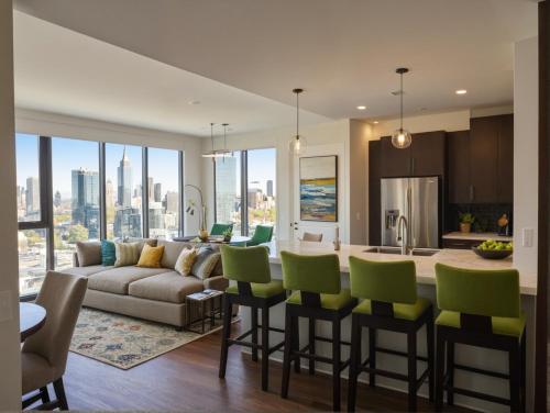a kitchen and living room with a couch and a table at Modern Luxury Apartments in the Heart of Los Angeles in Los Angeles