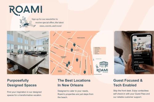 a flyer for a new office with a cell phone at Roami at Factors Row in New Orleans