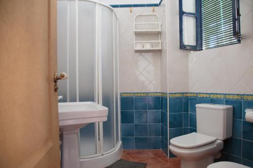 uma casa de banho com um WC, um lavatório e um chuveiro em Casa del Mesoncico em Cehegín